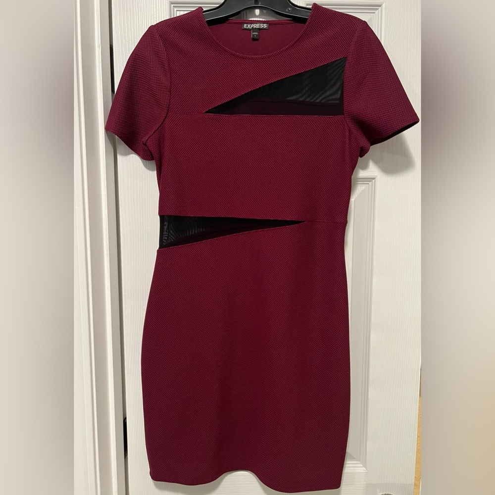 Express Burgundy Textured Sheer Cutout Mini Dress